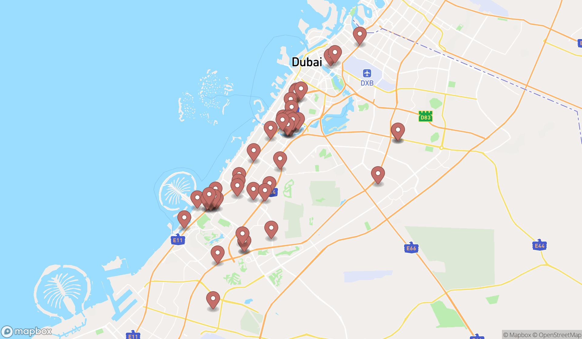 Map showing the search results in Dubai