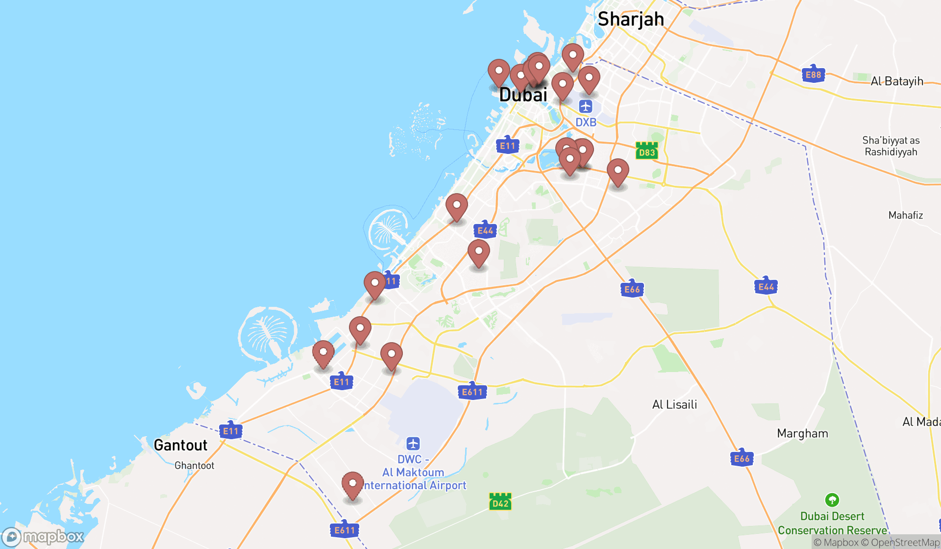 Map showing the search results in Dubai