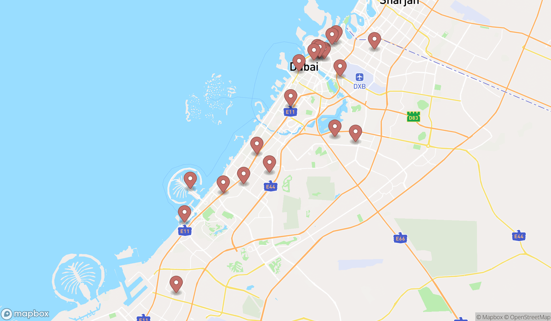 Map showing the search results in Dubai