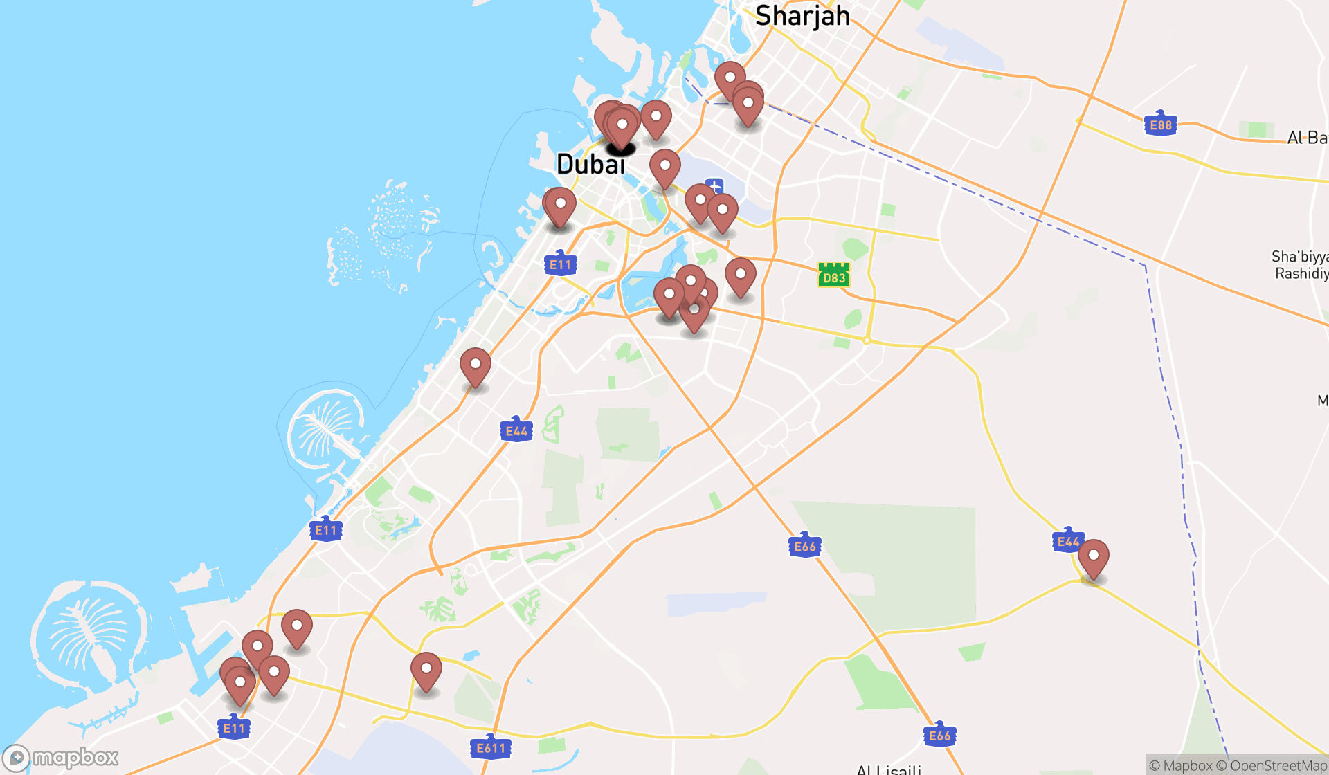 Map showing the search results in Dubai
