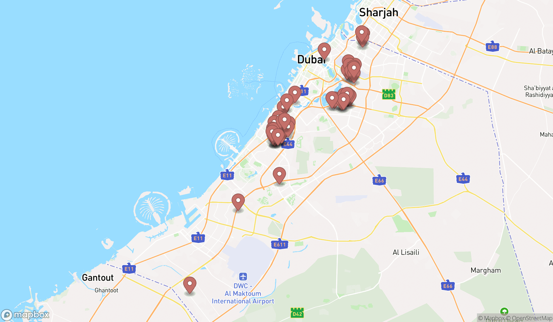 Map showing the search results in Dubai