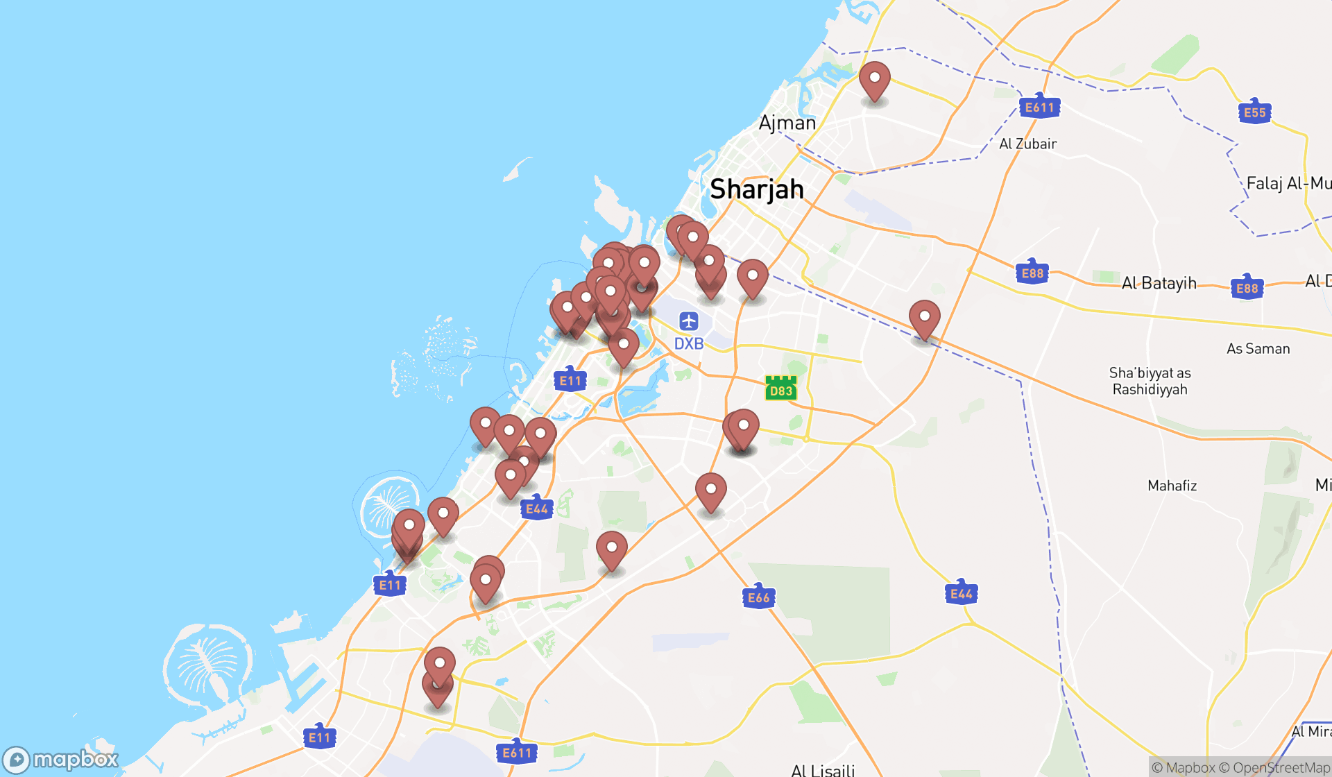 Map showing the search results in Dubai