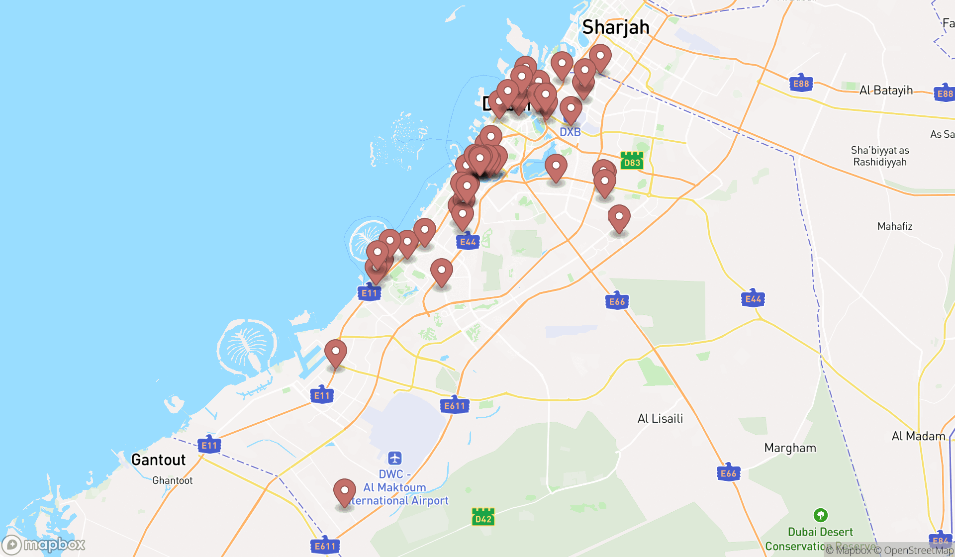 Map showing the search results in Dubai