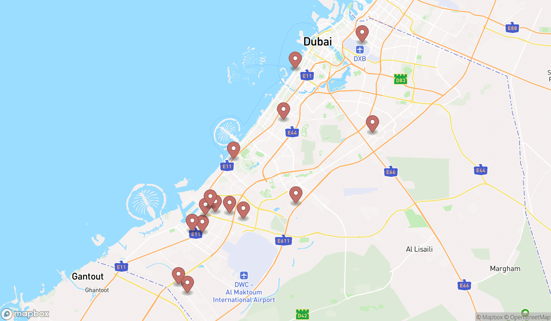 Map showing the search results in Dubai