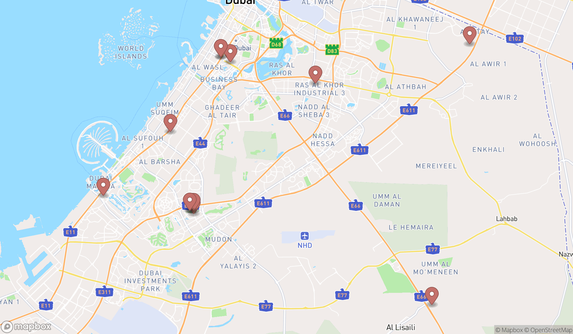 Map showing the search results in Dubai