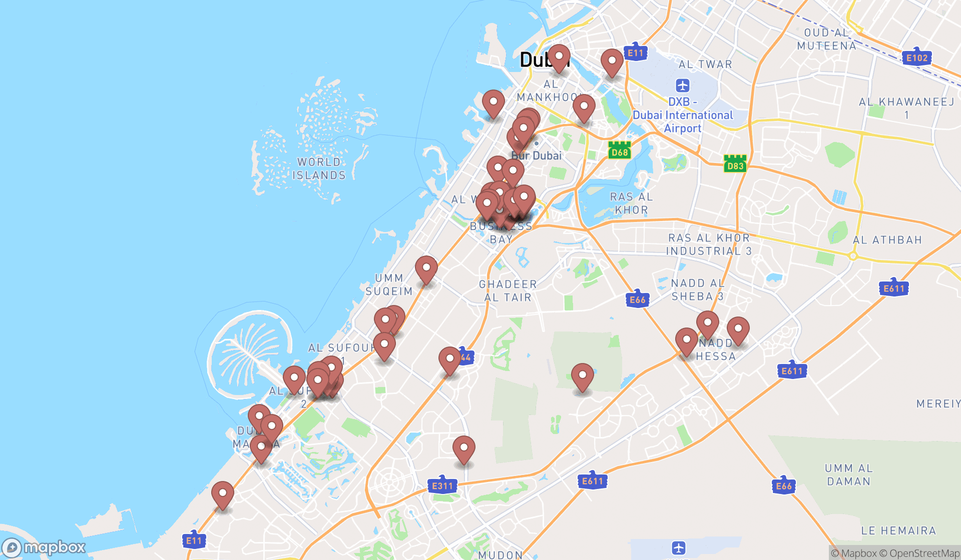 Map showing the search results in Dubai