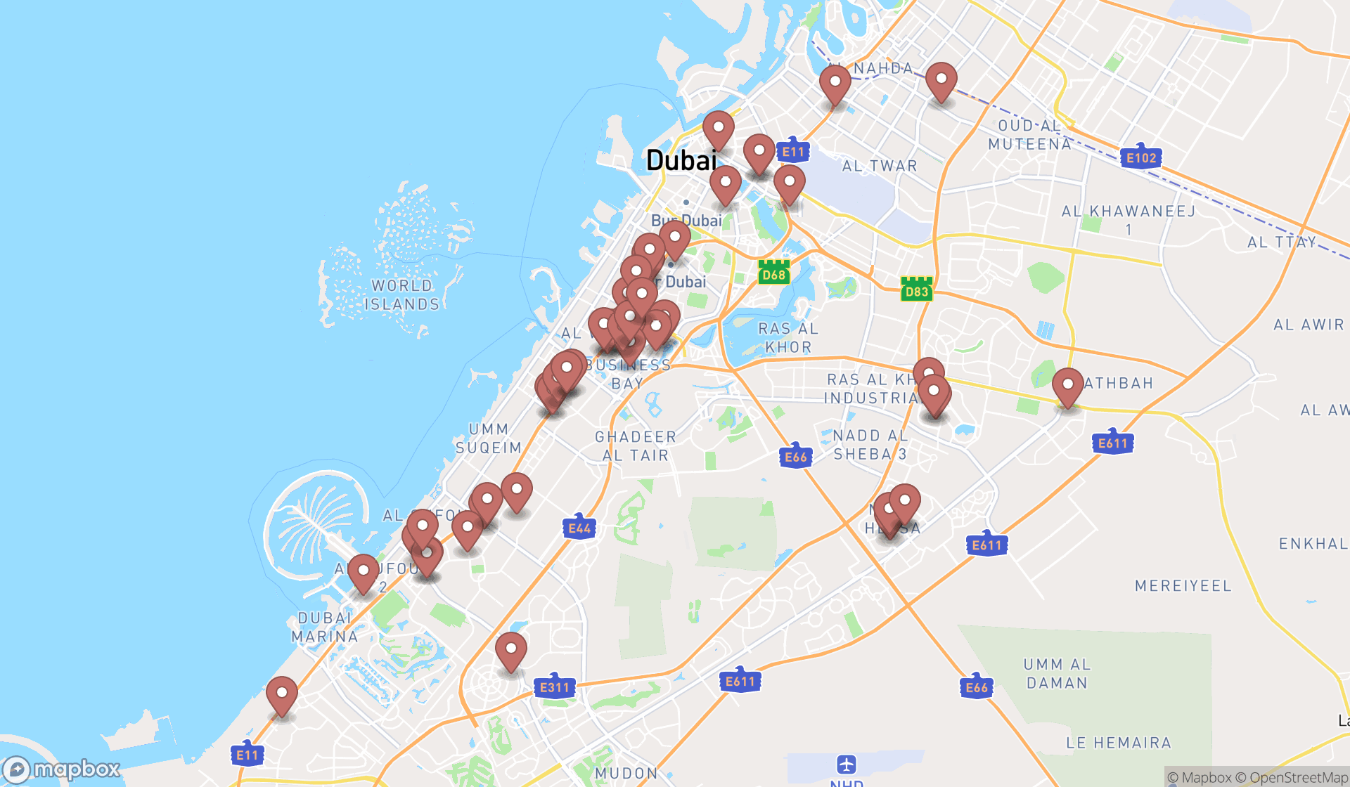 Map showing the search results in Dubai
