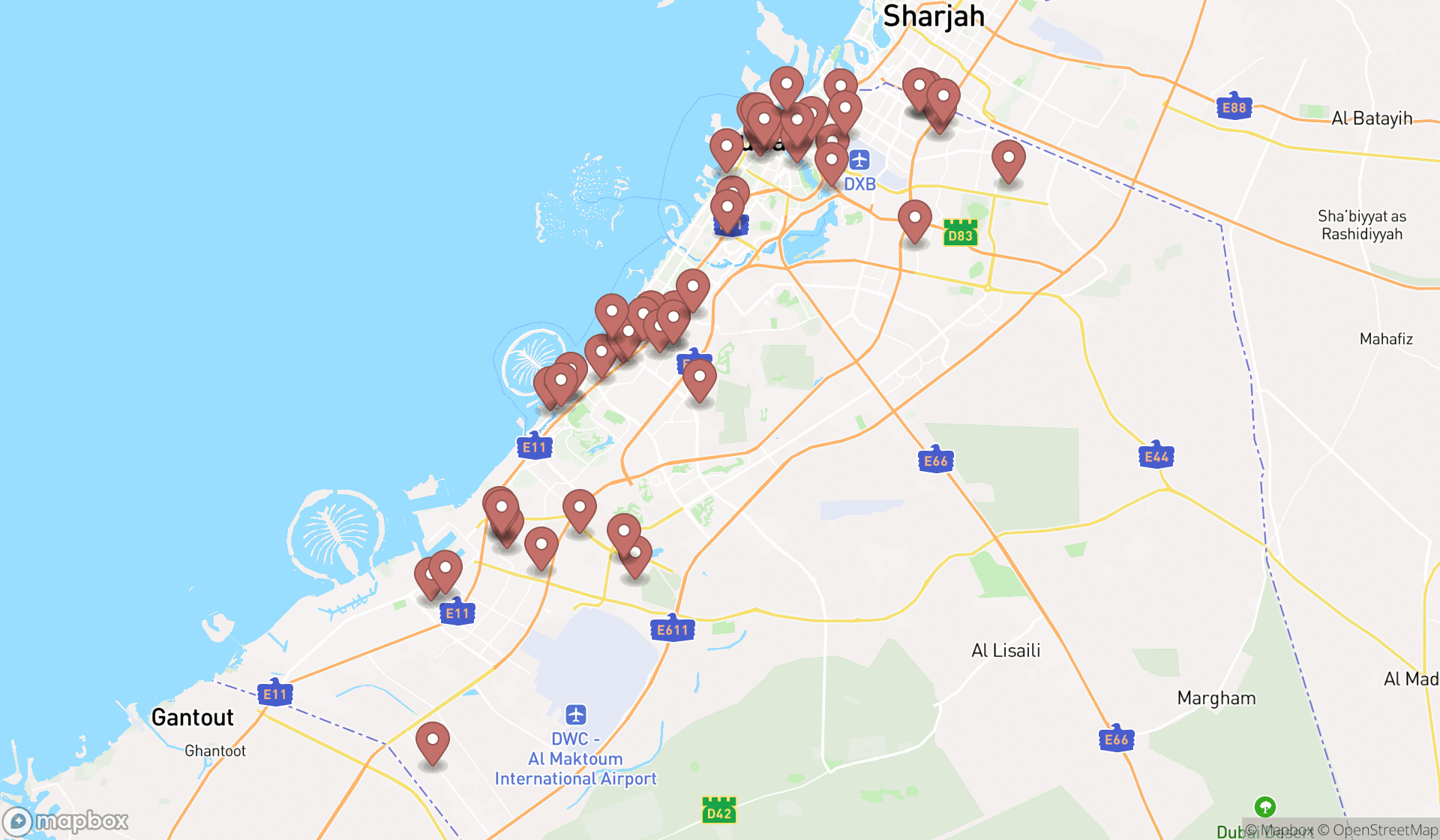 Map showing the search results in Dubai