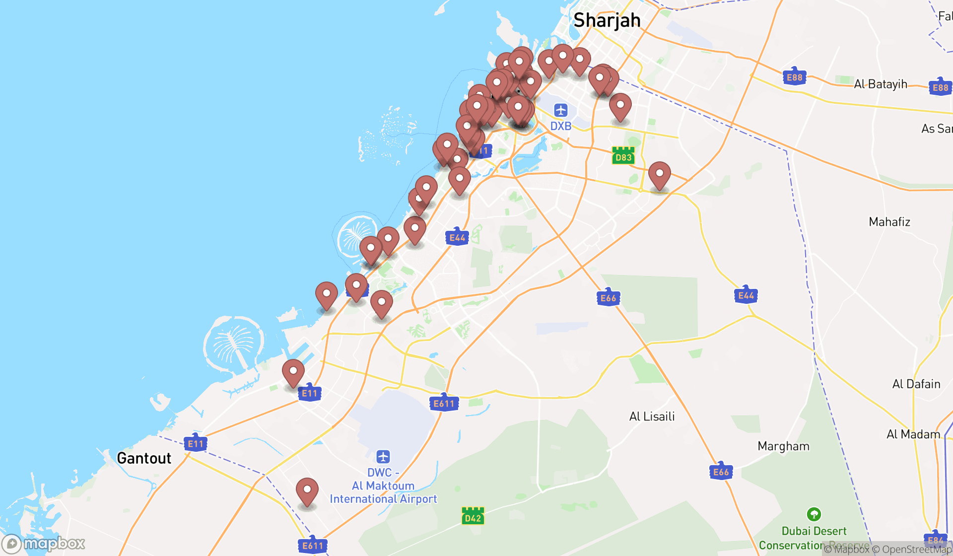 Map showing the search results in Dubai