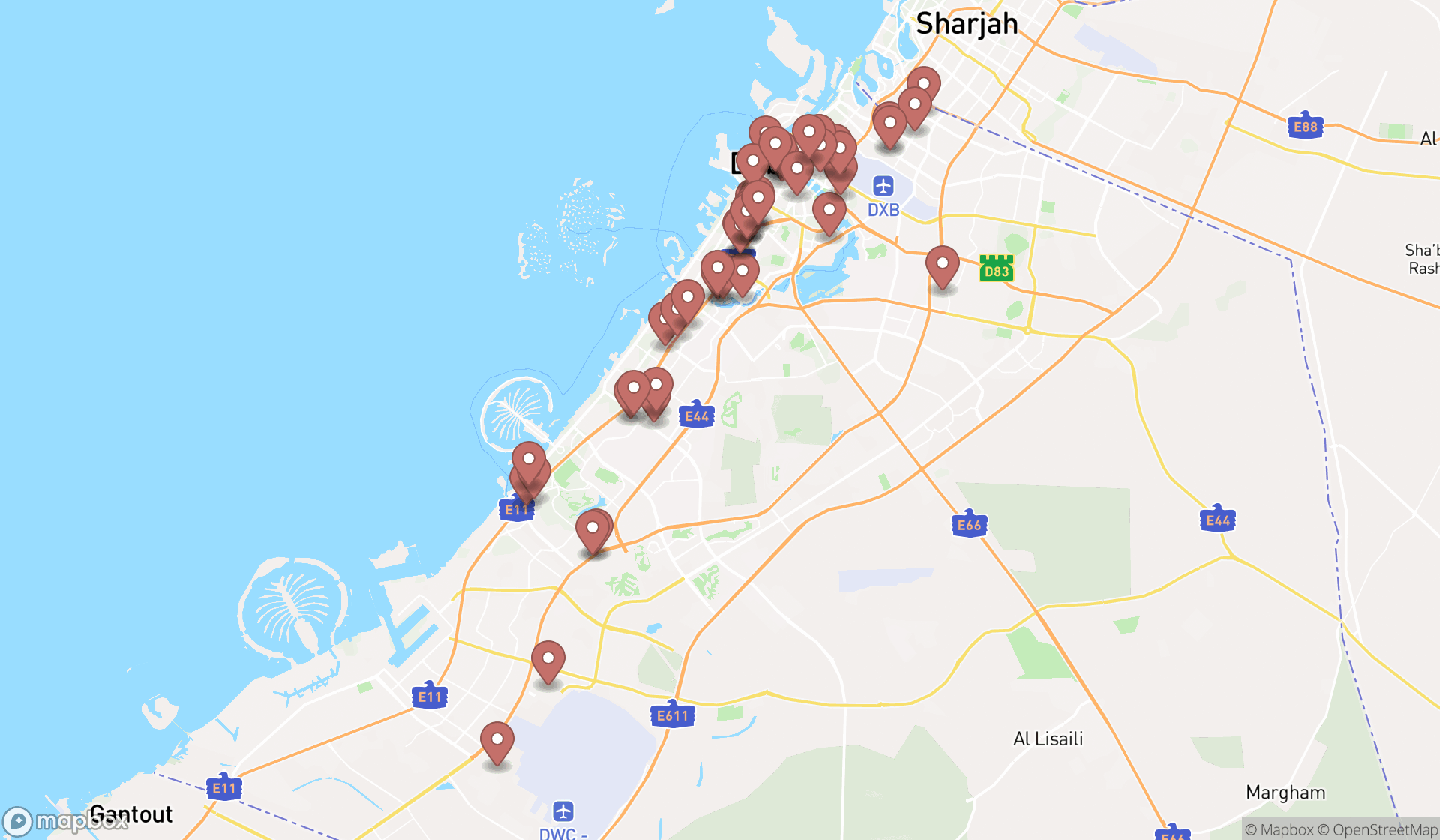 Map showing the search results in Dubai