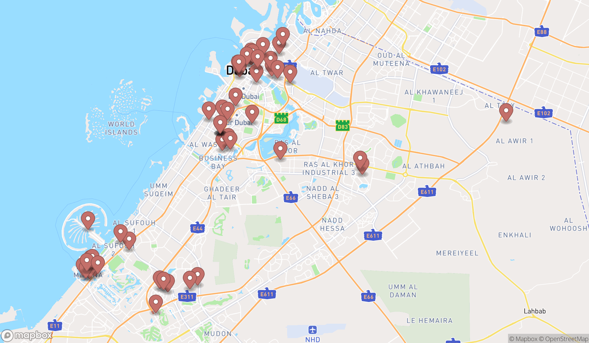 Map showing the search results in Dubai