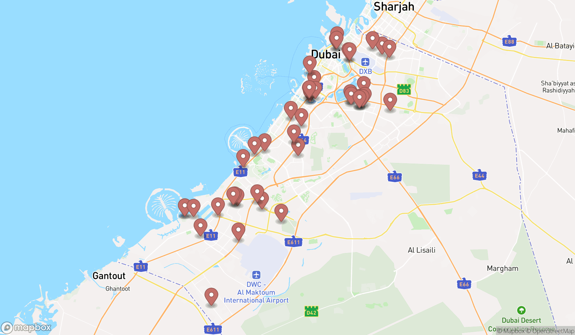 Map showing the search results in Dubai