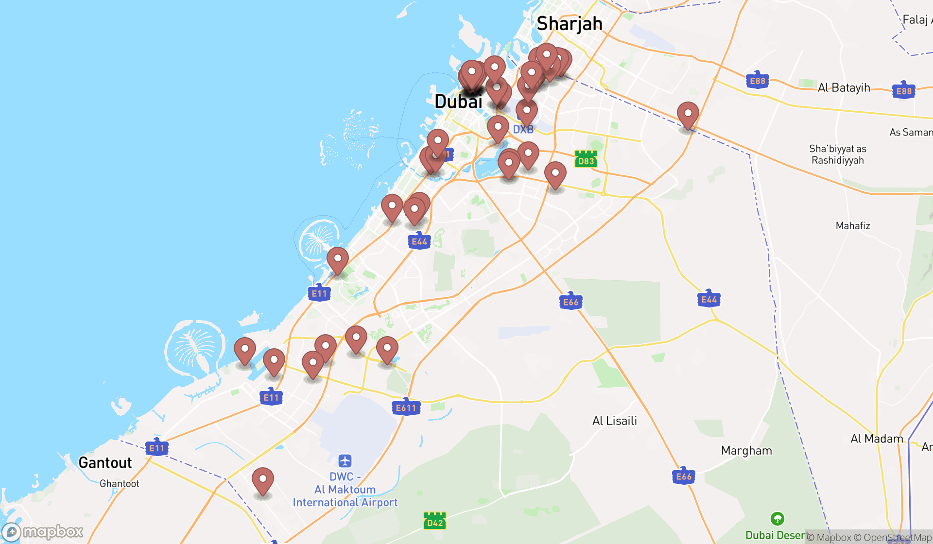 Map showing the search results in Dubai