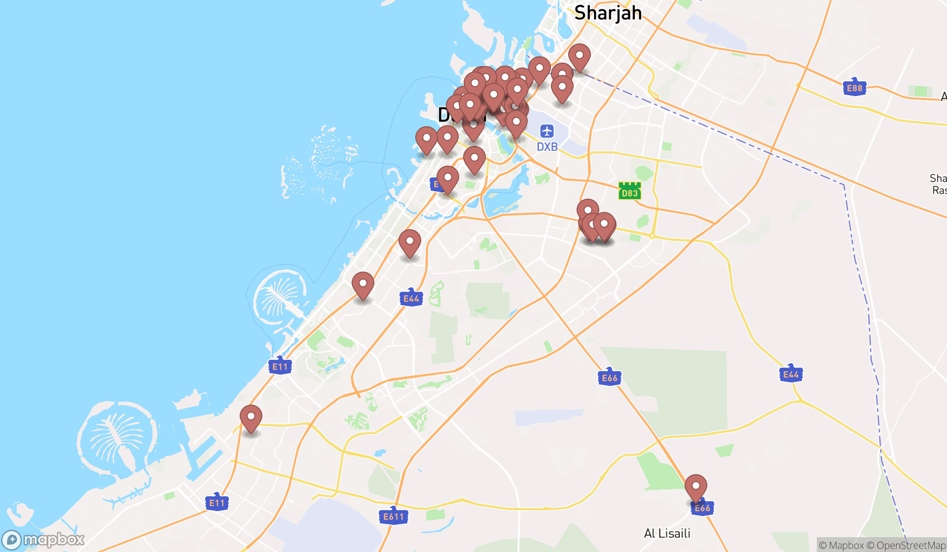 Map showing the search results in Dubai