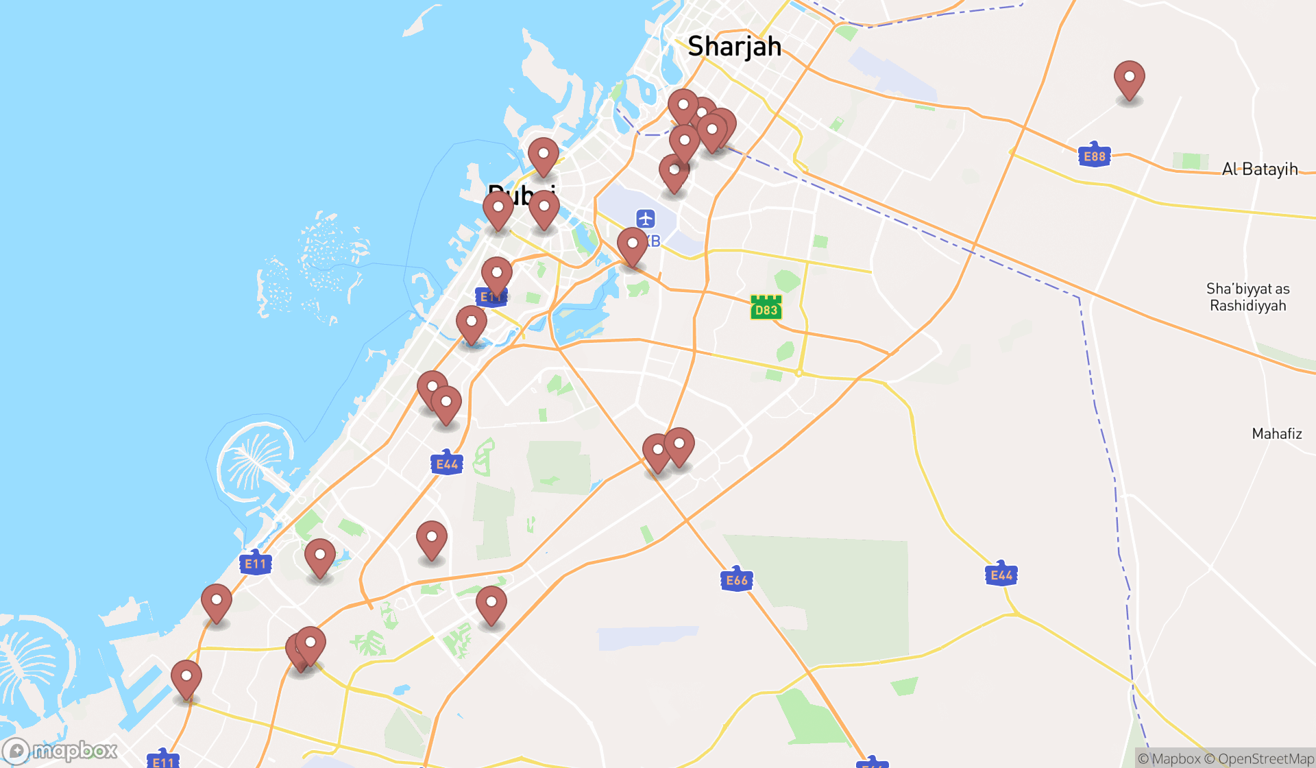 Map showing the search results in Dubai