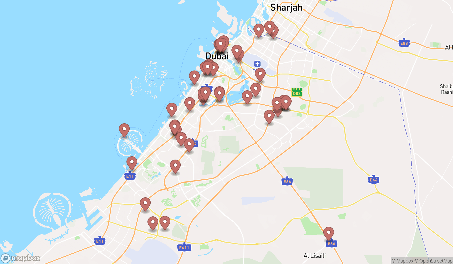 Map showing the search results in Dubai