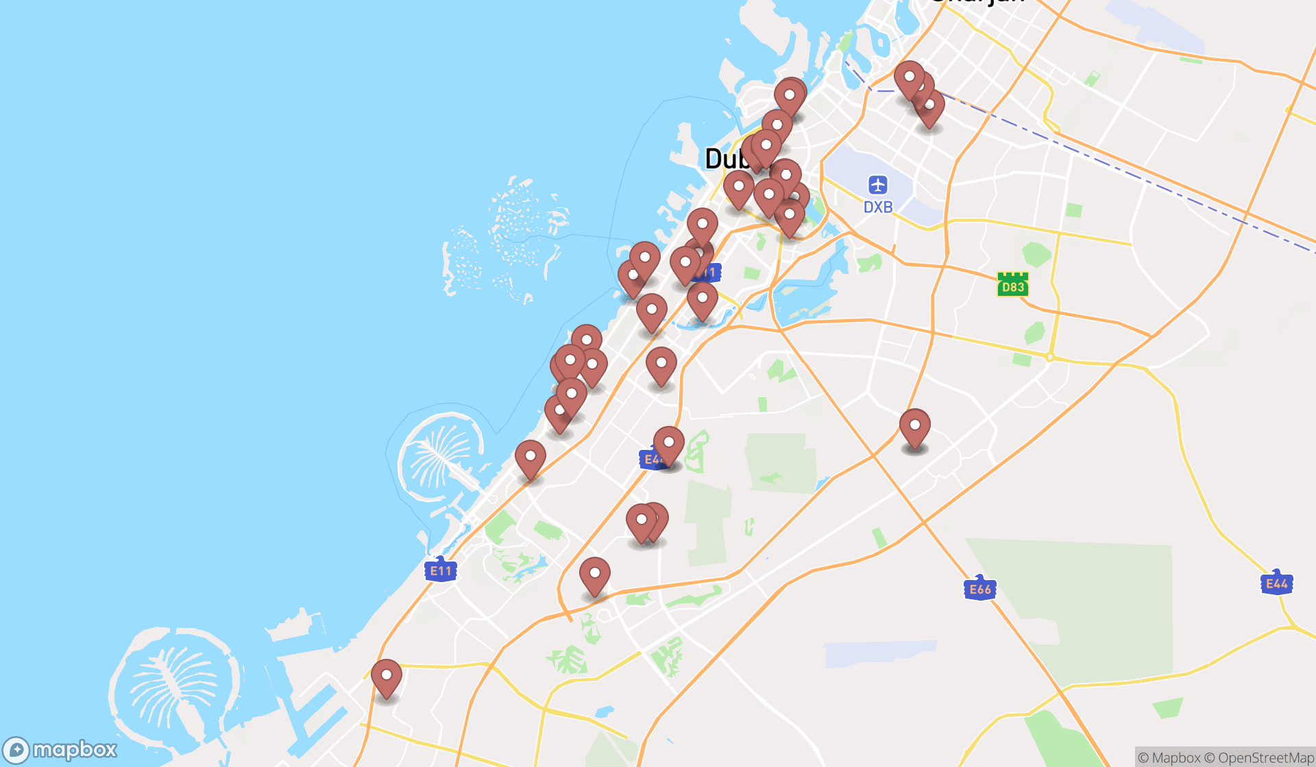 Map showing the search results in Dubai