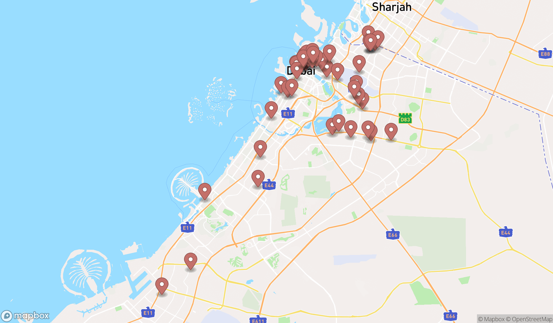Map showing the search results in Dubai