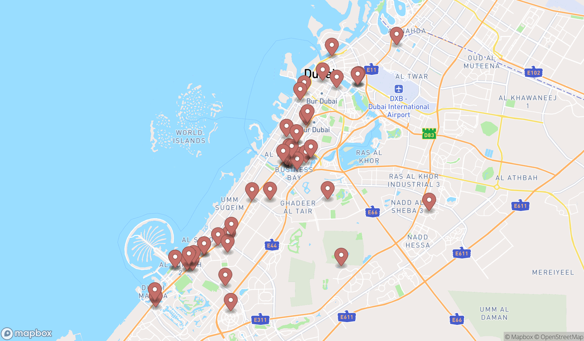 Map showing the search results in Dubai