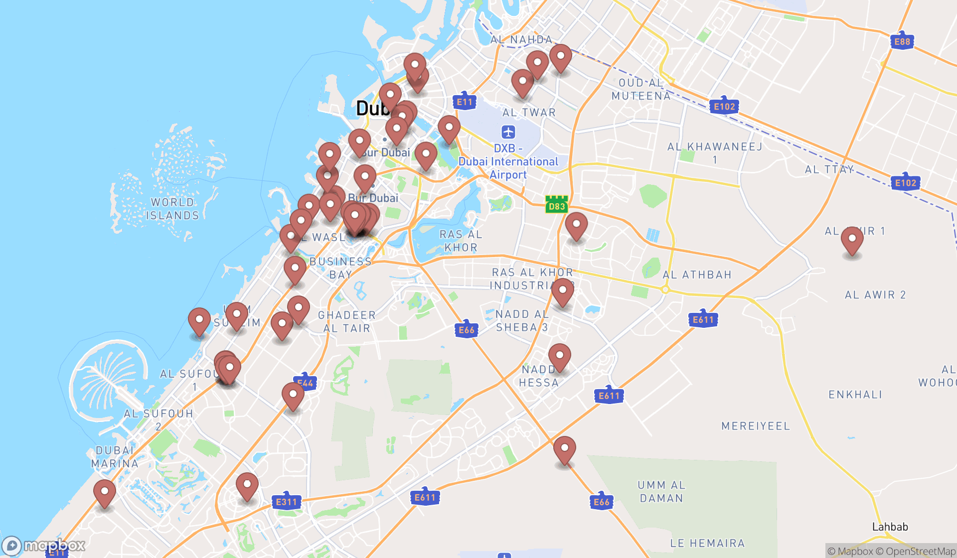 Map showing the search results in Dubai