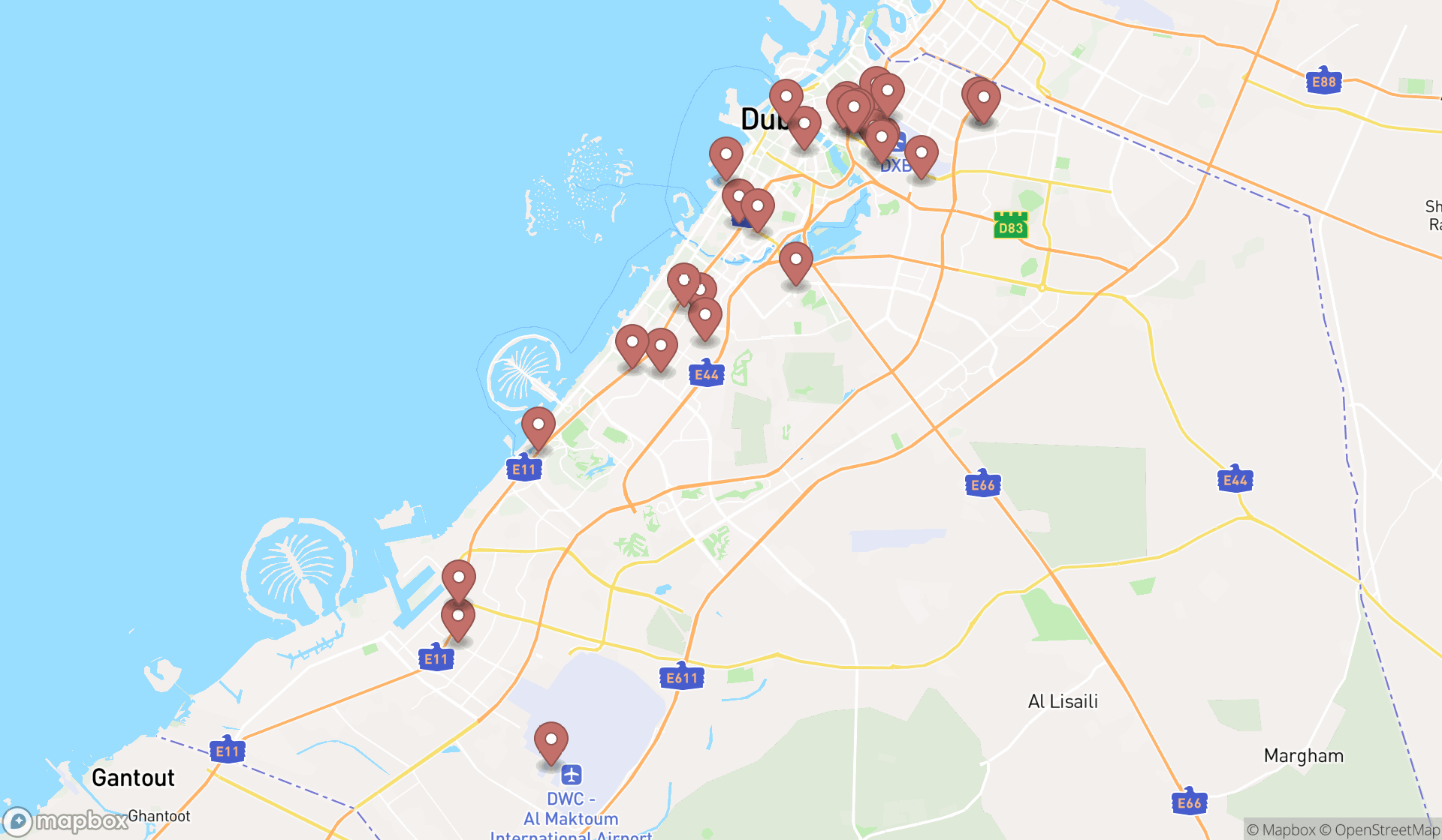 Map showing the search results in Dubai