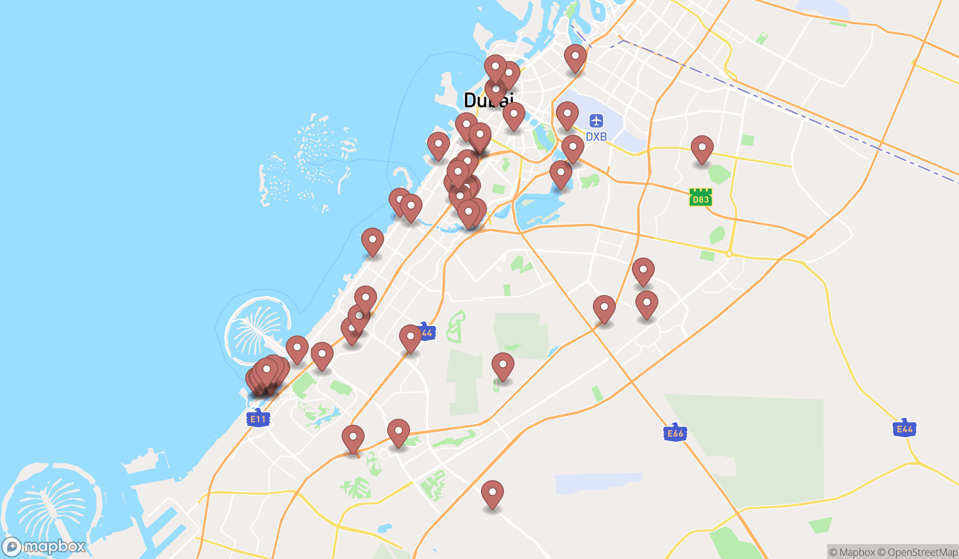 Map showing the search results in Dubai