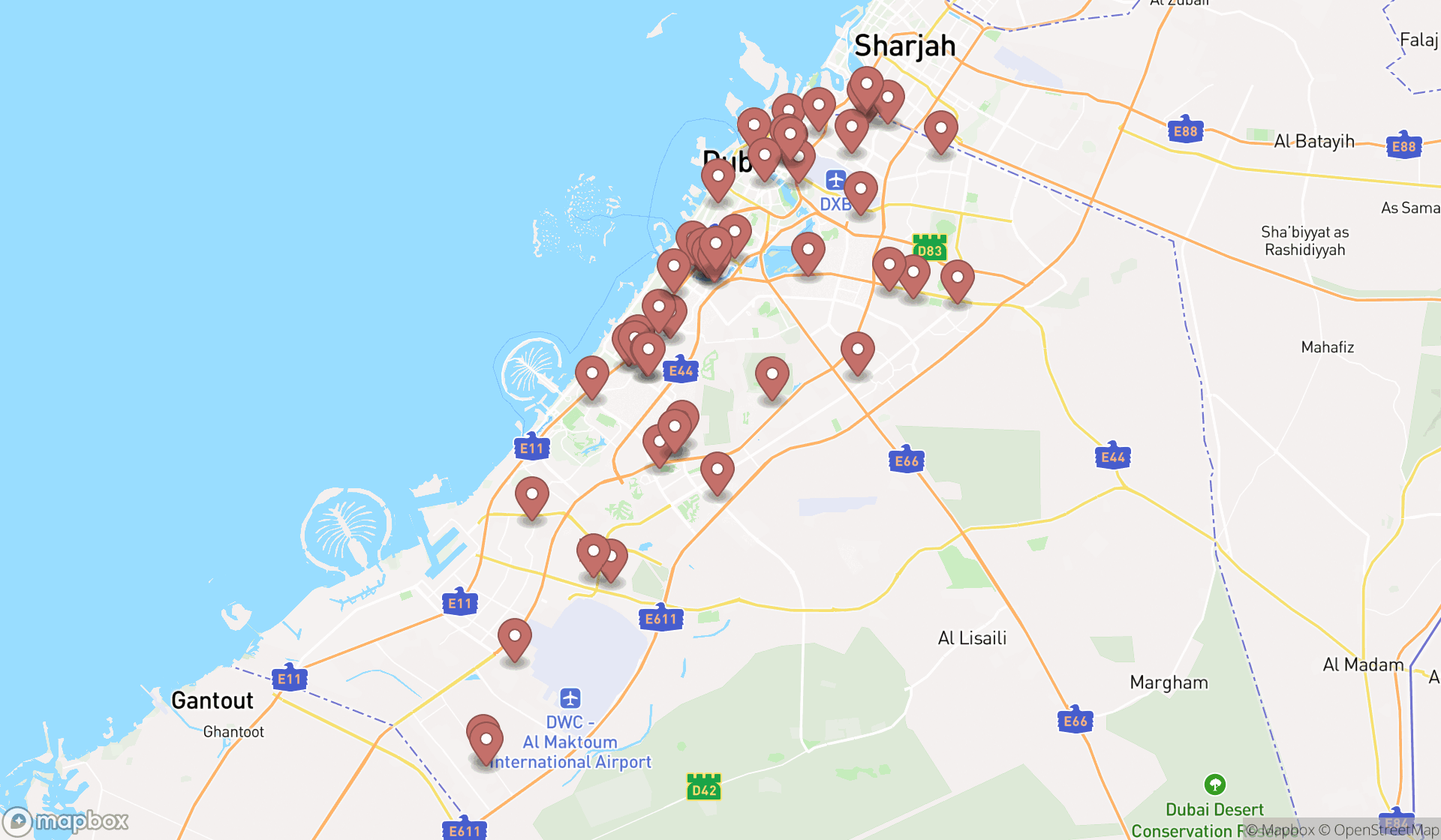 Map showing the search results in Dubai