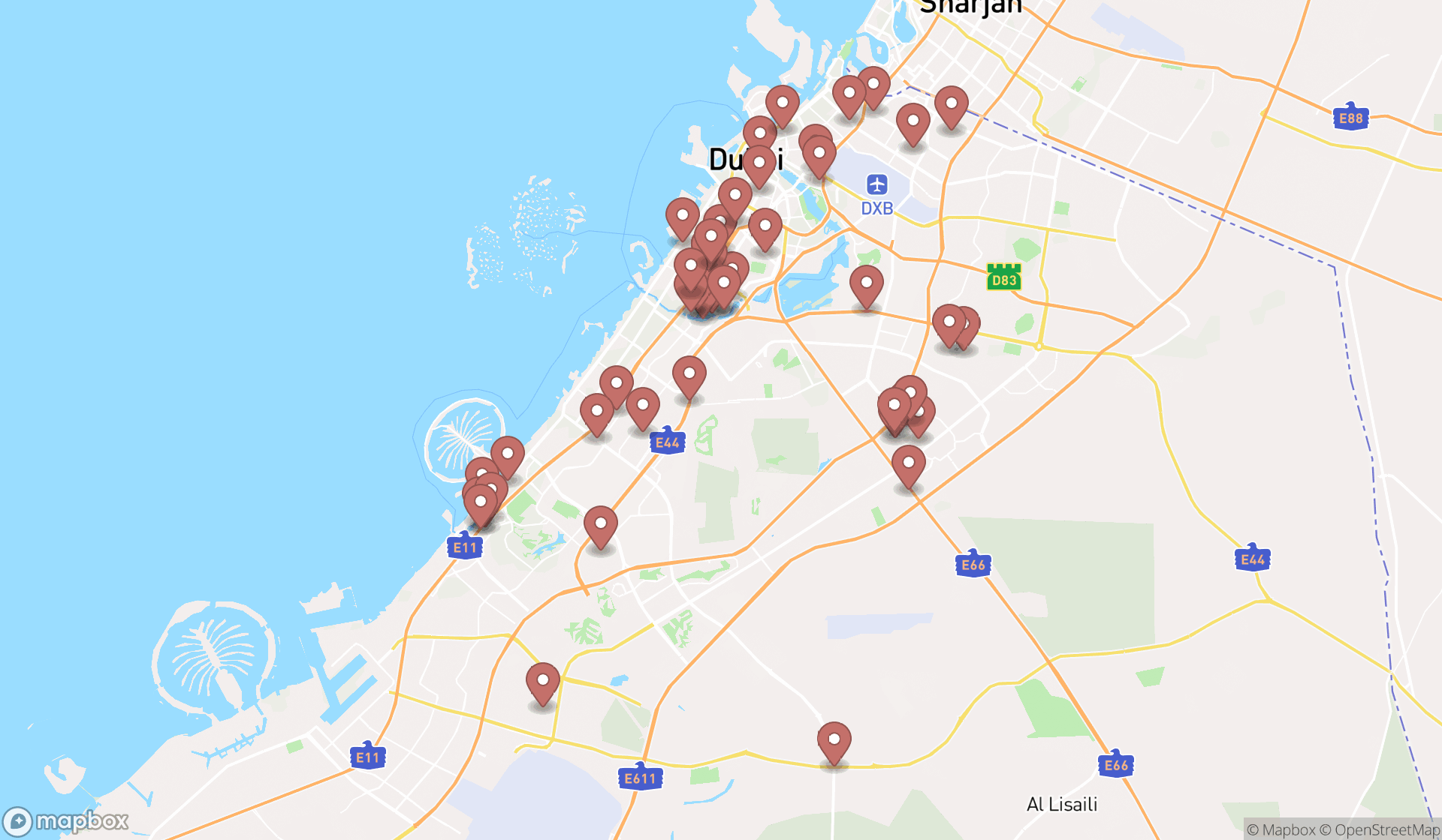 Map showing the search results in Dubai