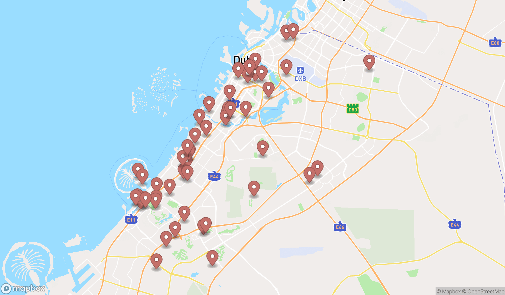 Map showing the search results in Dubai