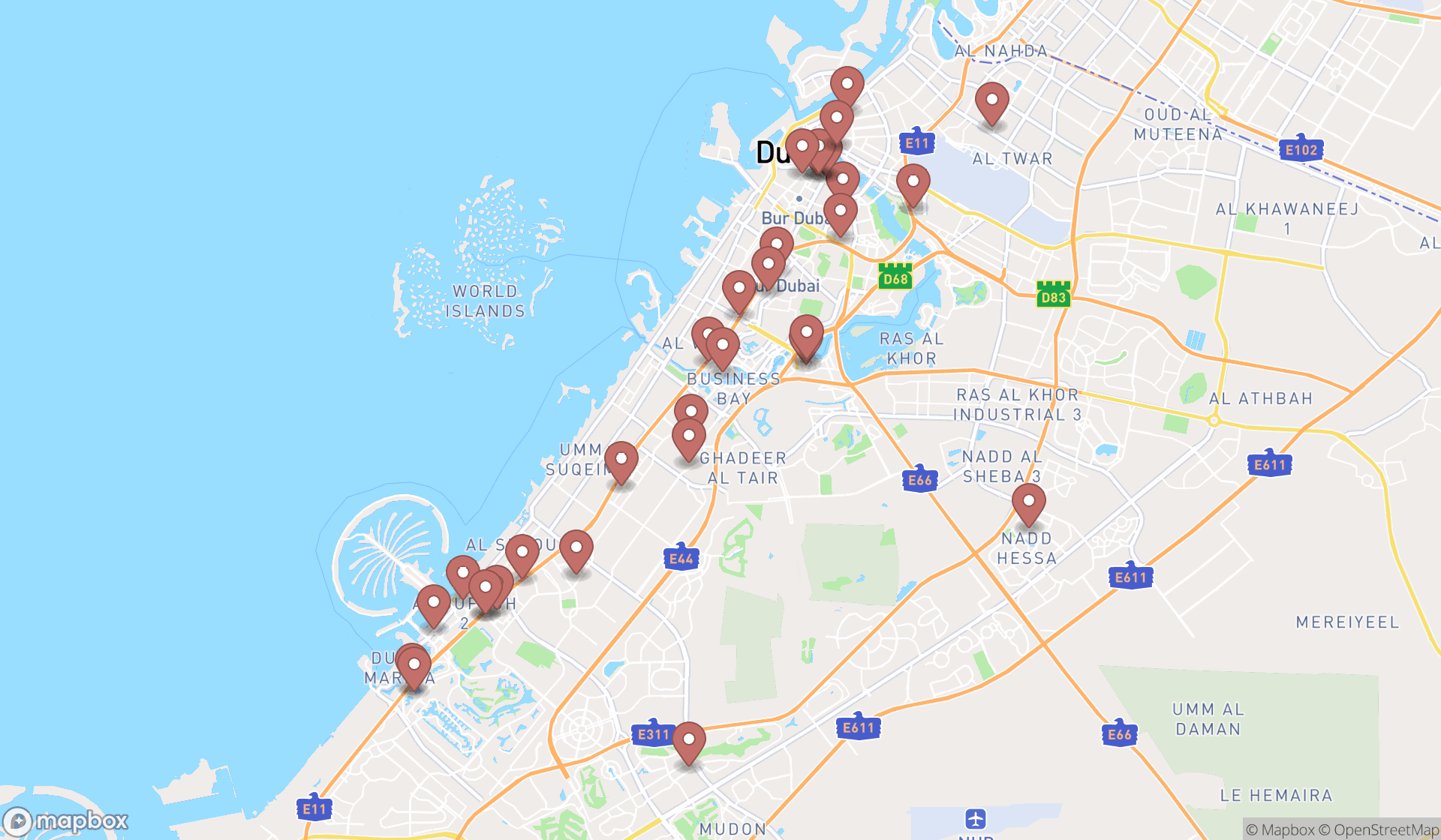 Map showing the search results in Dubai