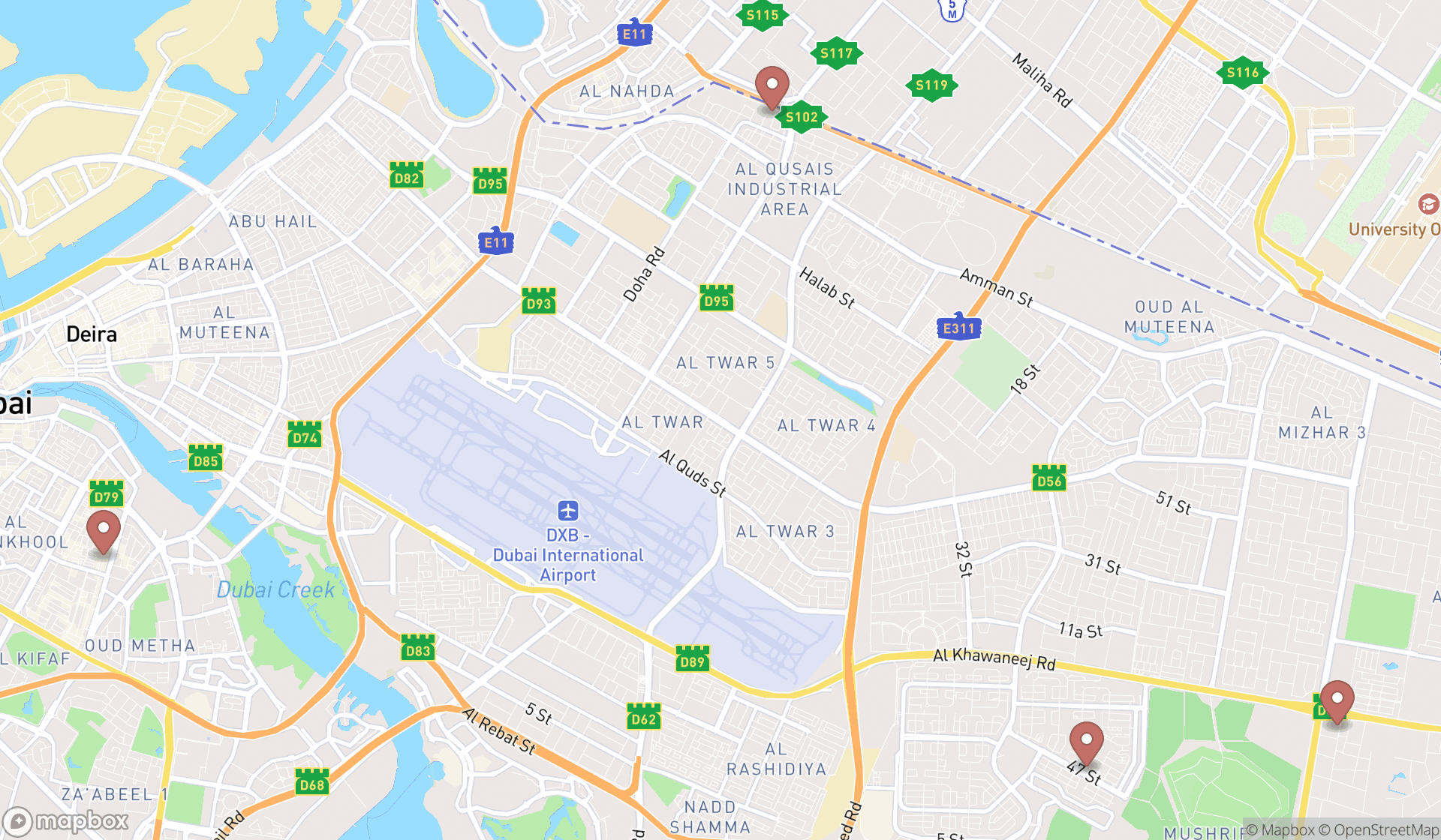 Map showing the search results in Dubai