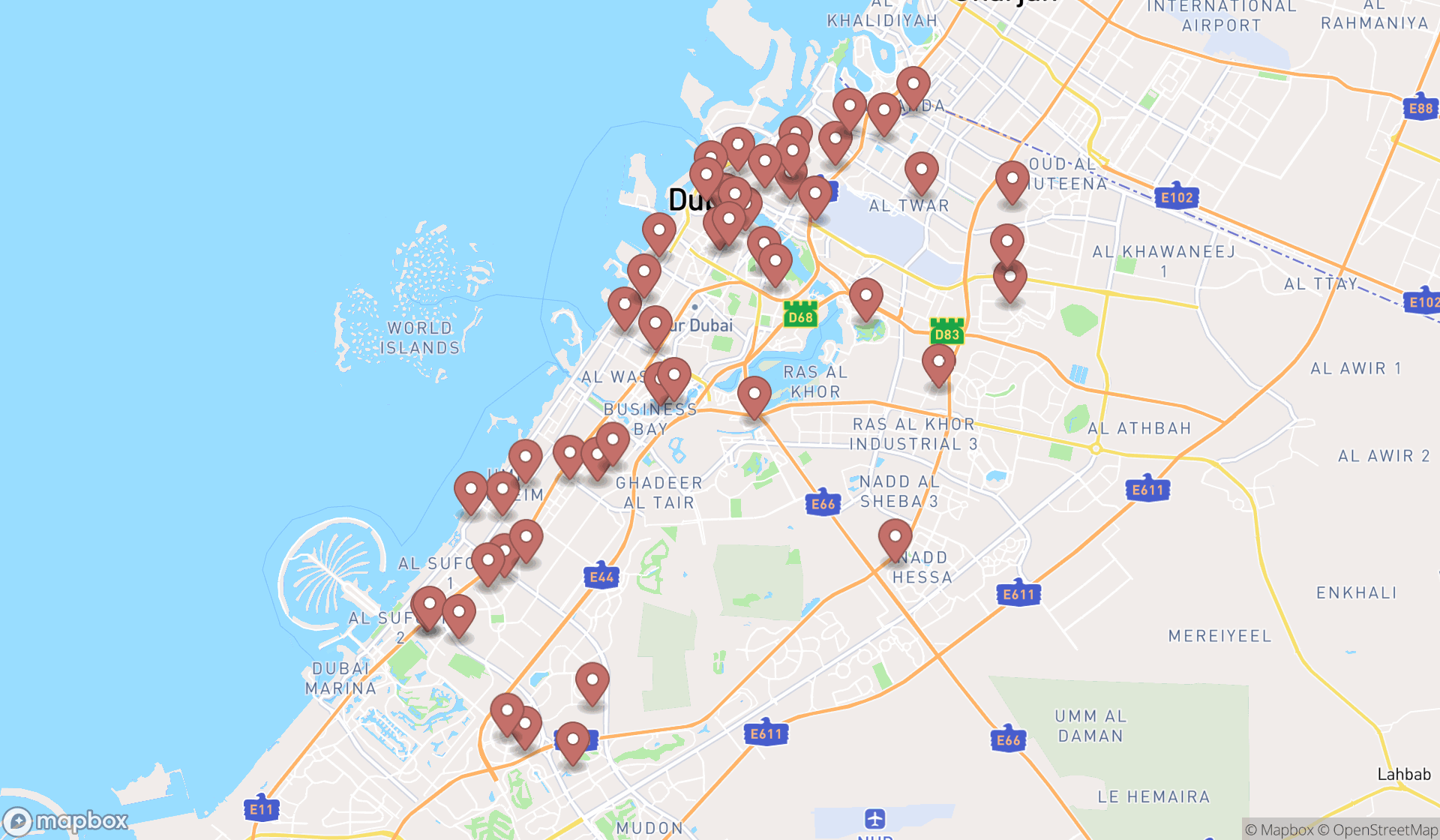 Map showing the search results in Dubai