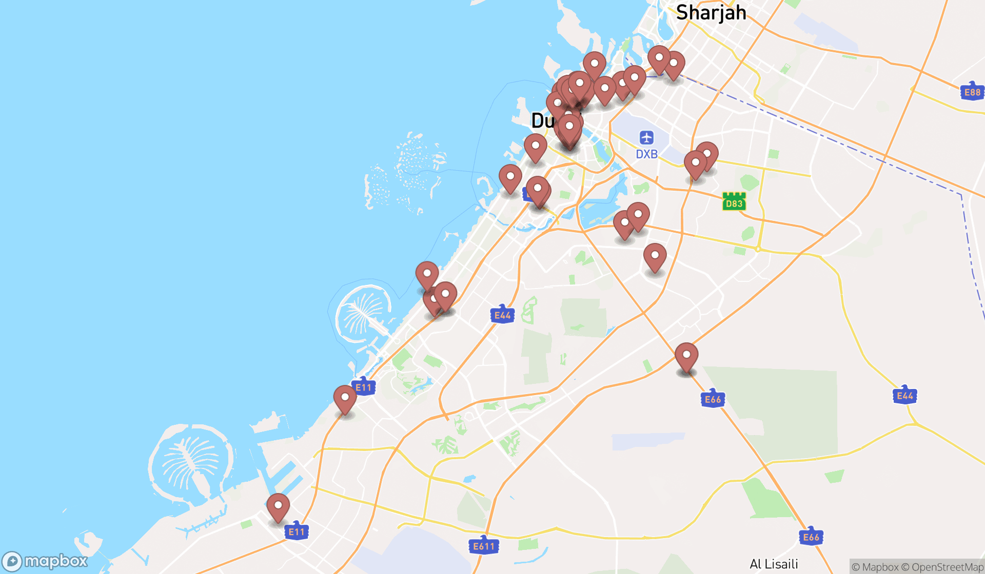 Map showing the search results in Dubai