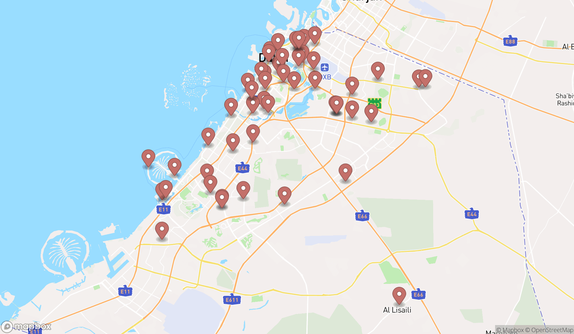 Map showing the search results in Dubai