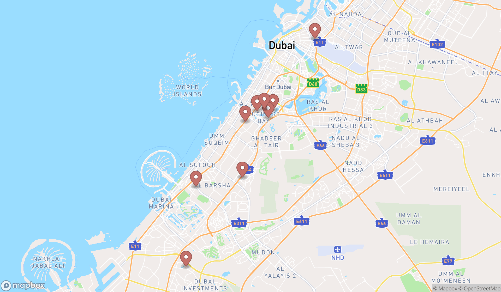 Map showing the search results in Dubai