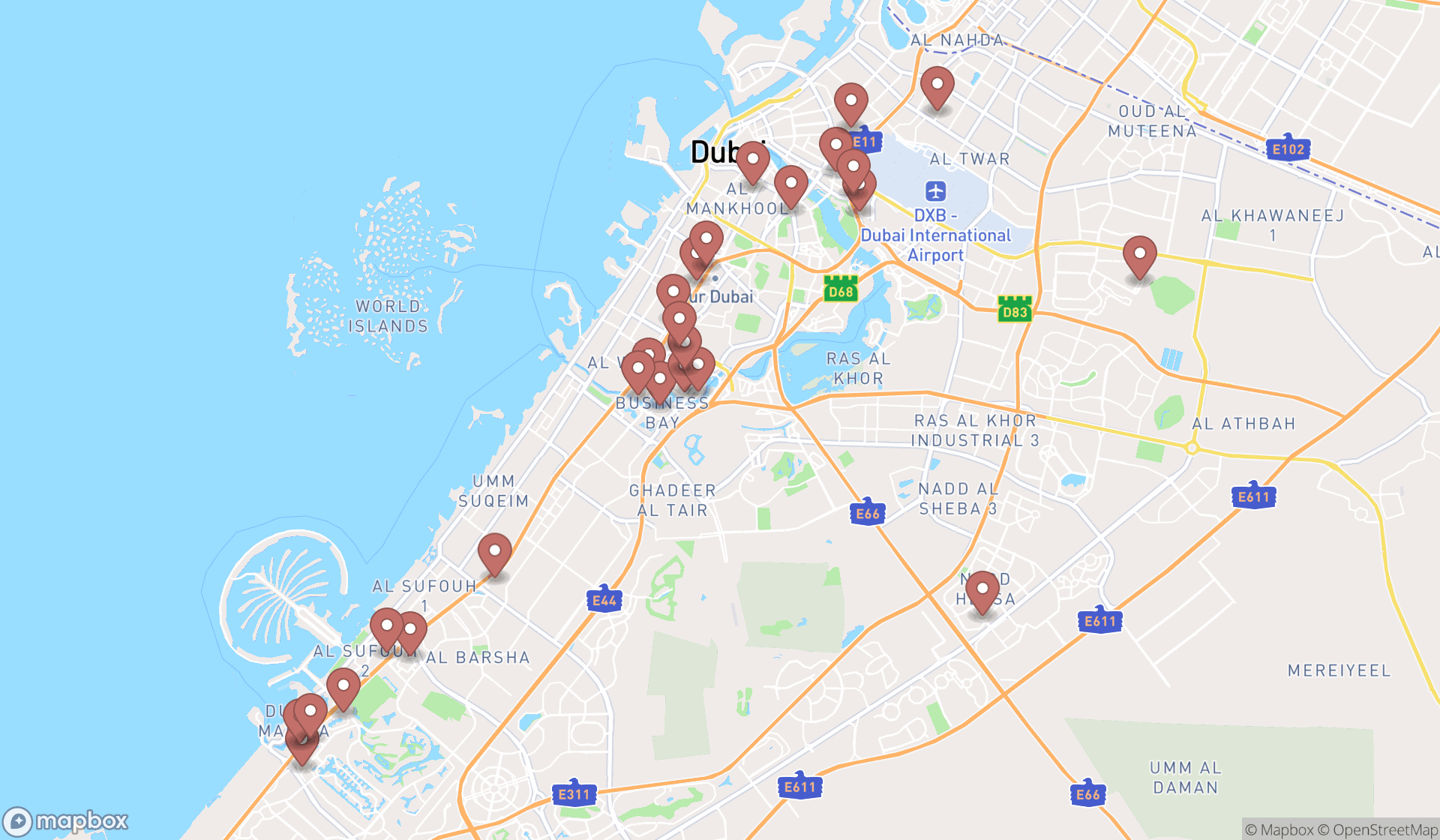 Map showing the search results in Dubai