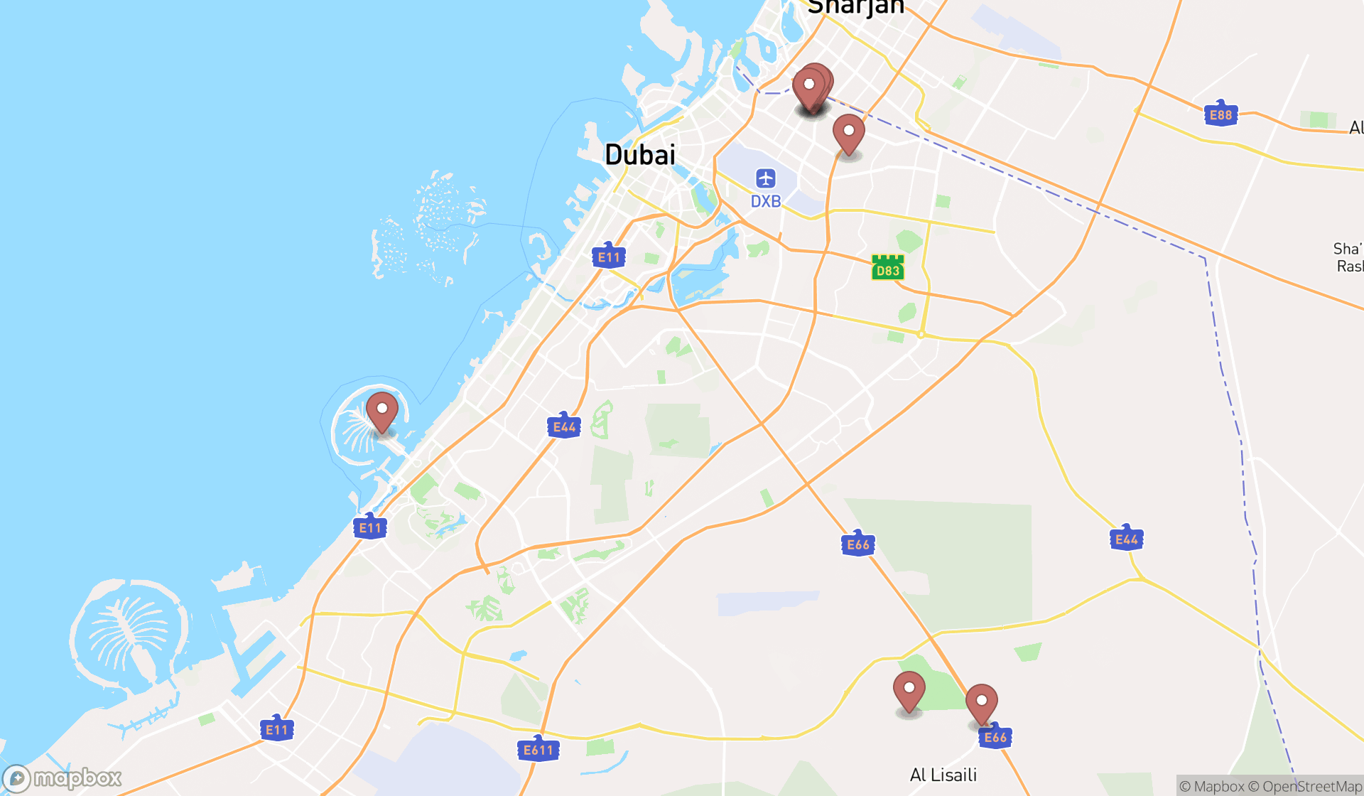 Map showing the search results in Dubai
