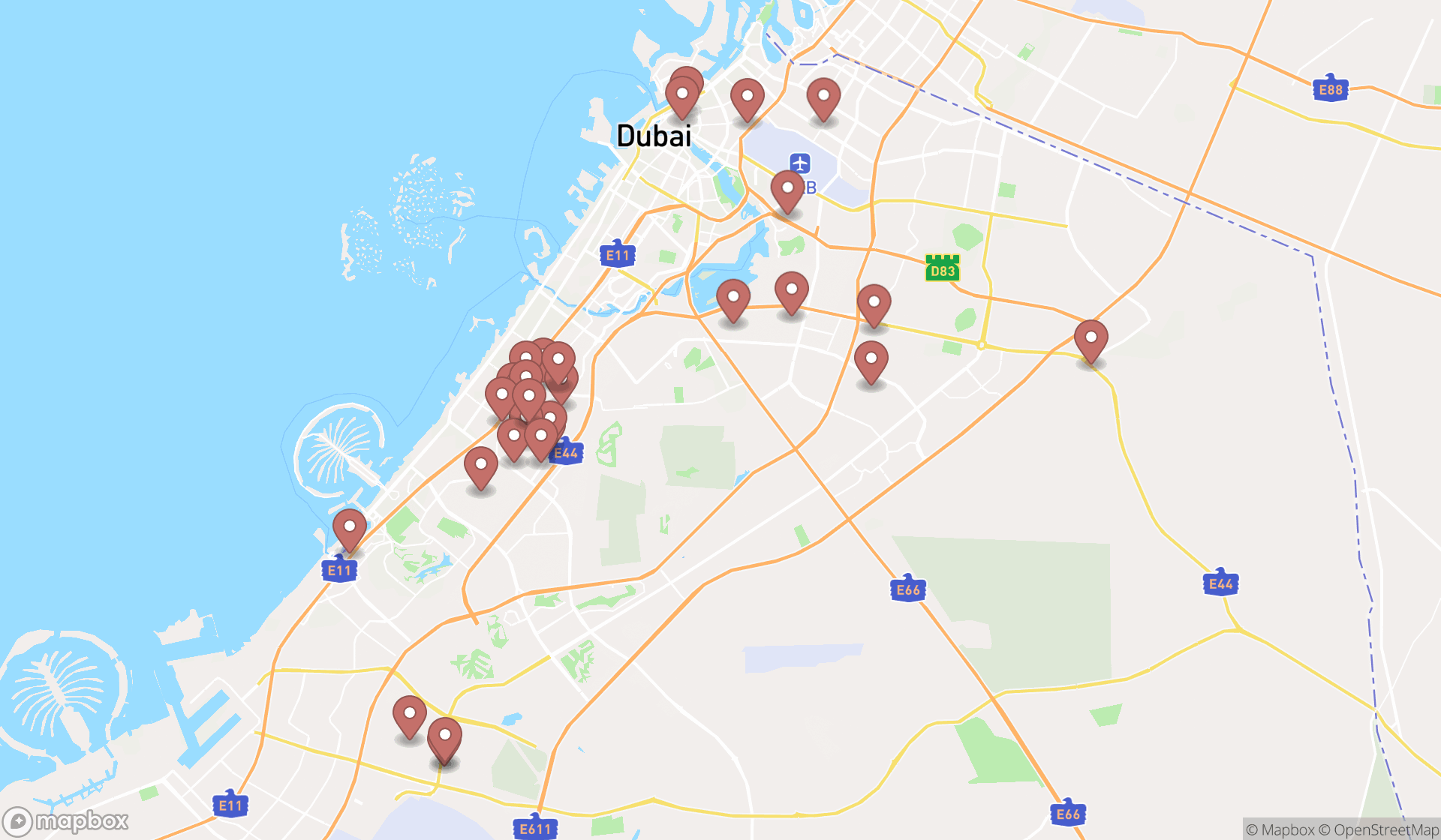 Map showing the search results in Dubai