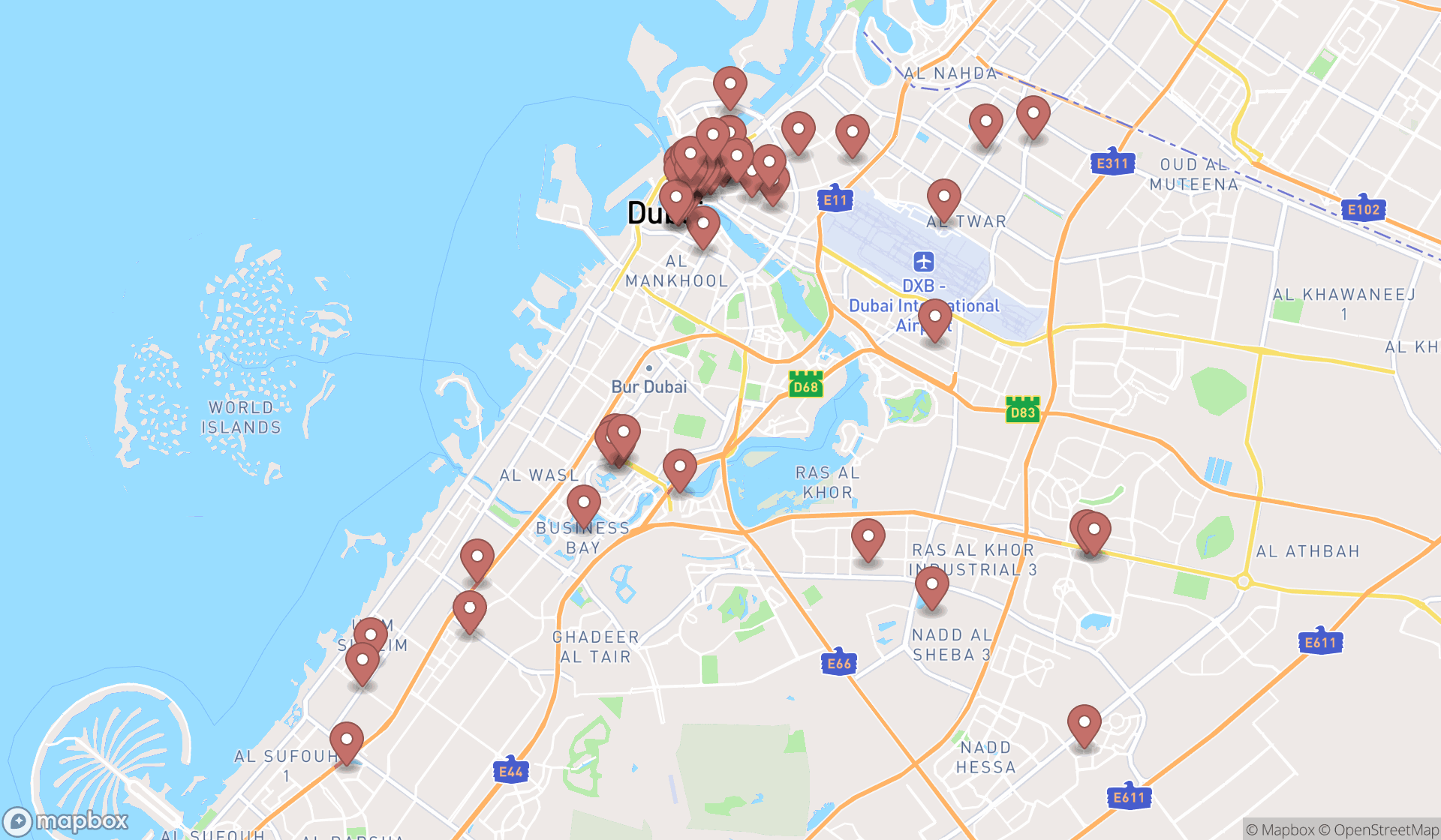 Map showing the search results in Dubai