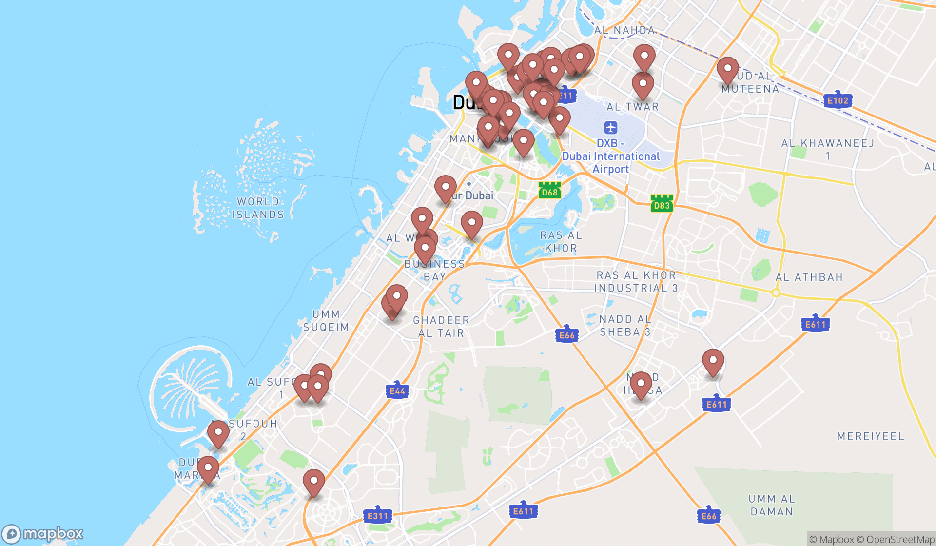 Map showing the search results in Dubai