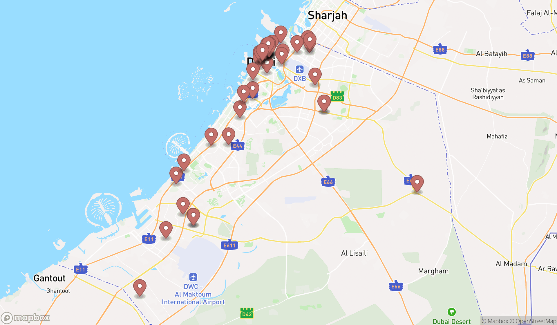 Map showing the search results in Dubai
