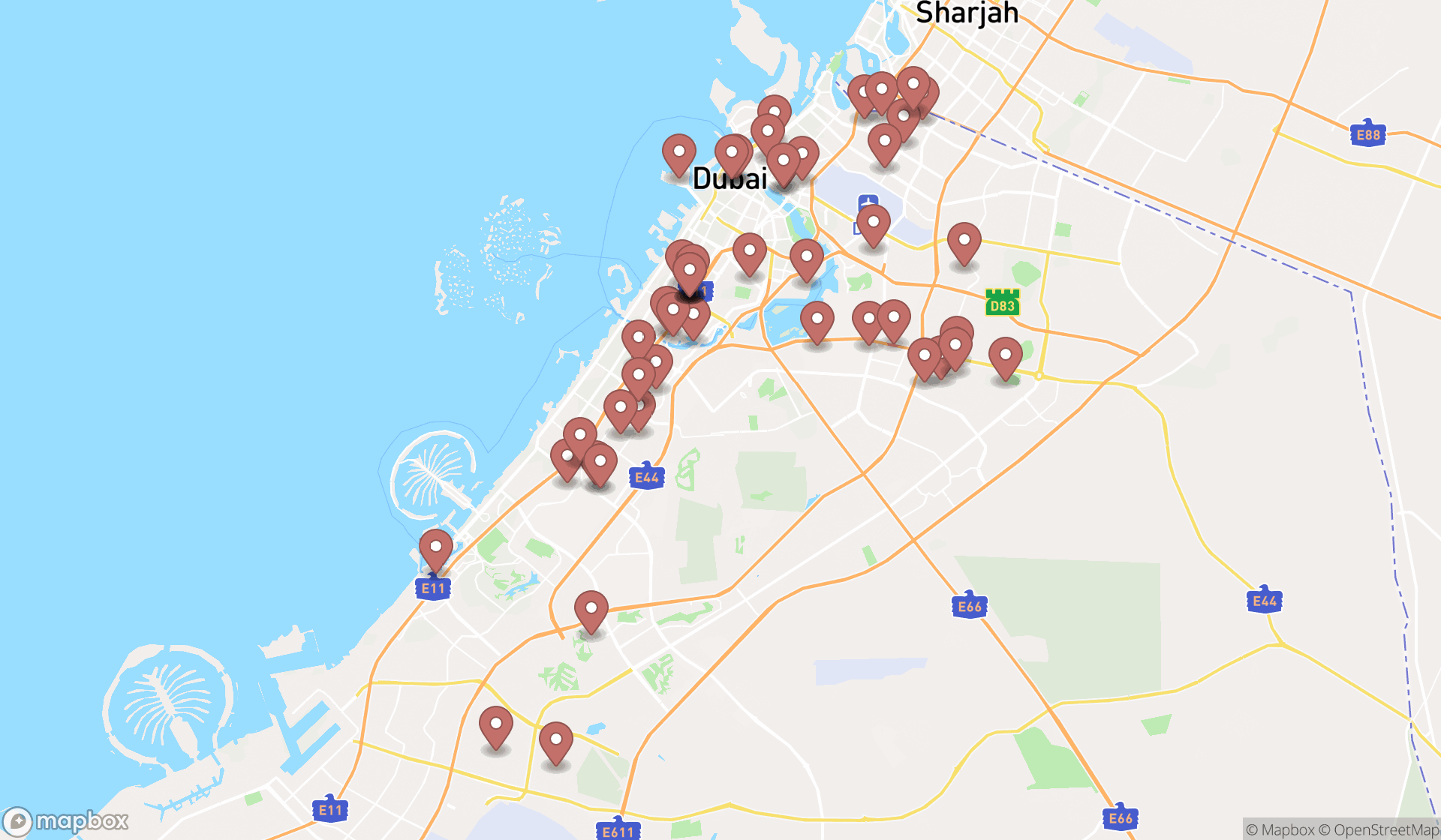 Map showing the search results in Dubai