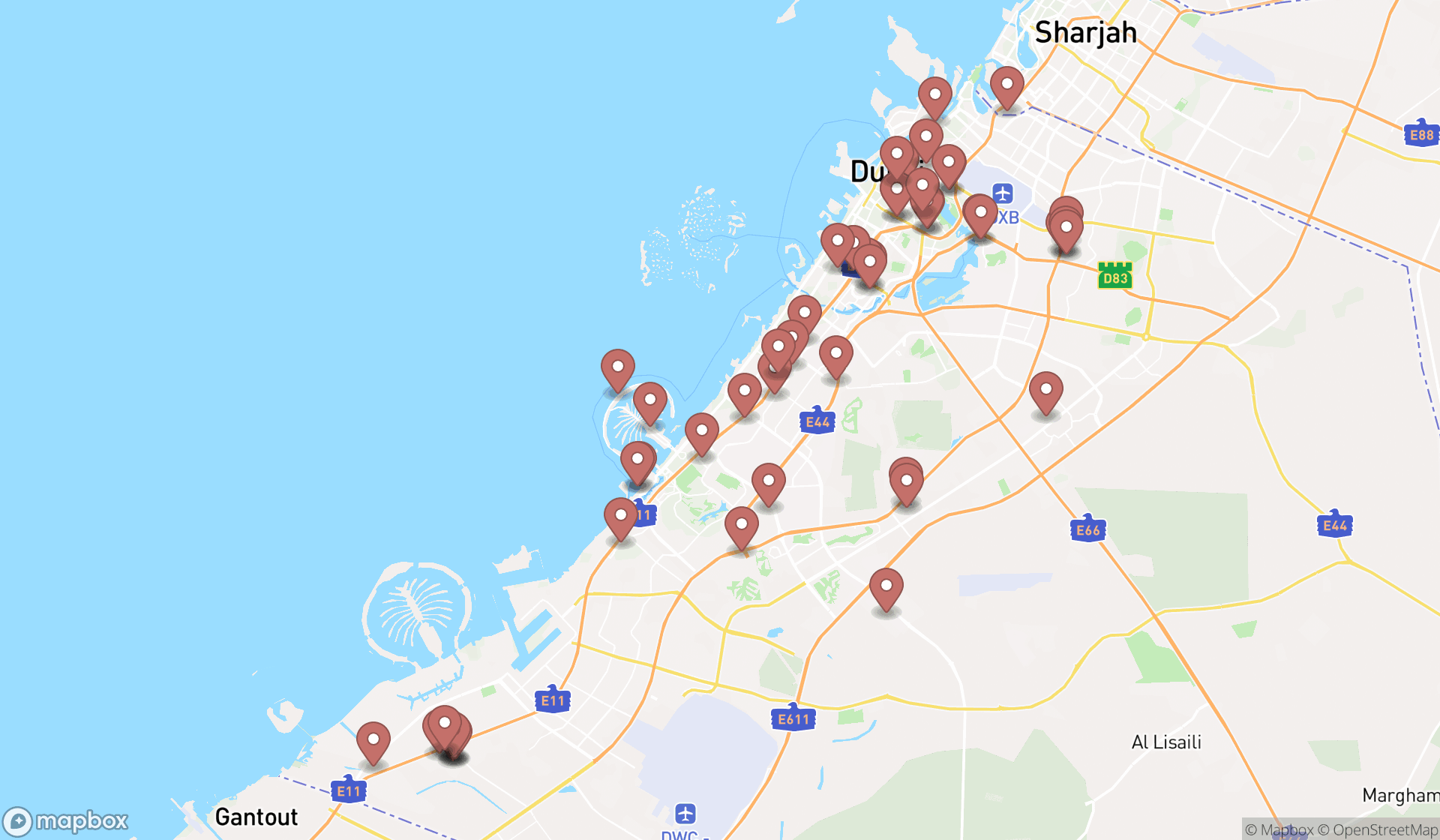 Map showing the search results in Dubai