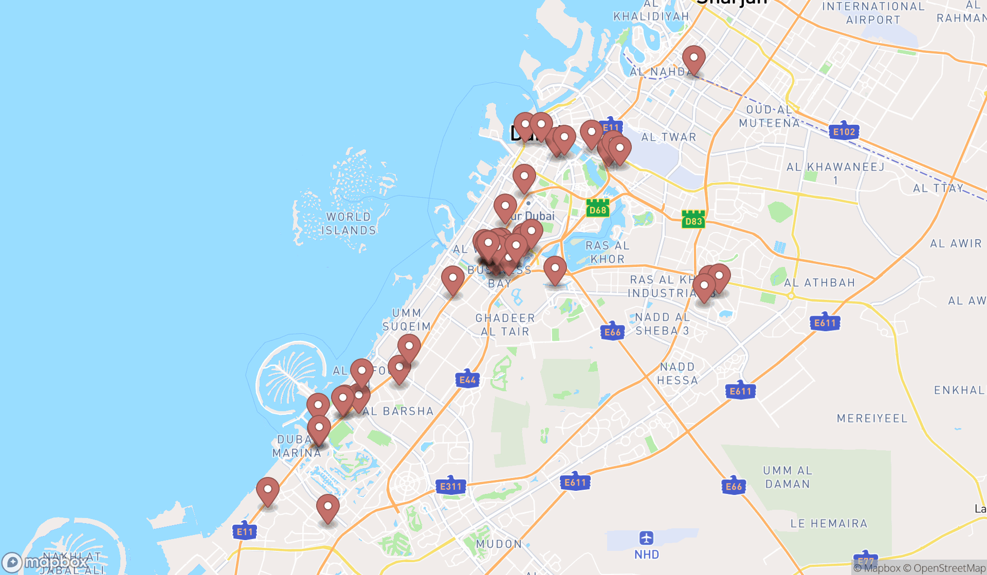 Map showing the search results in Dubai