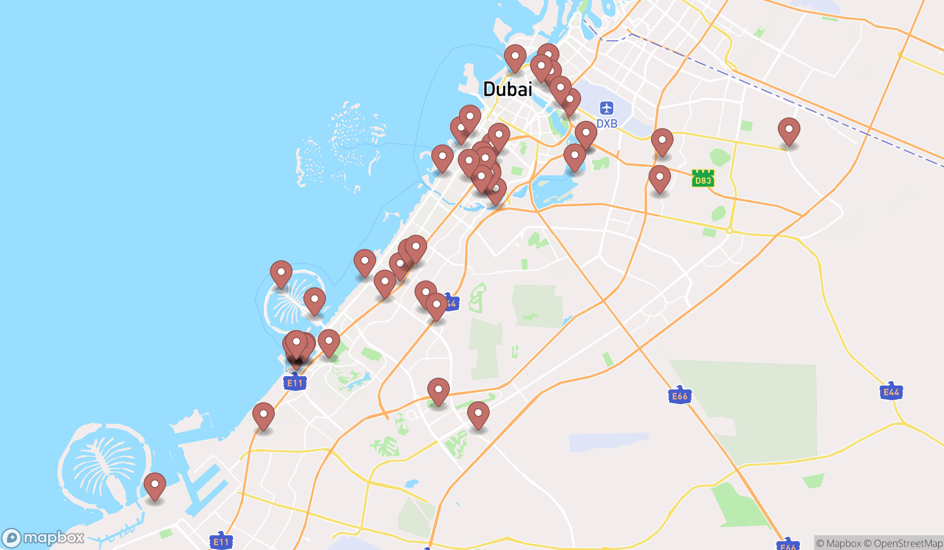Map showing the search results in Dubai