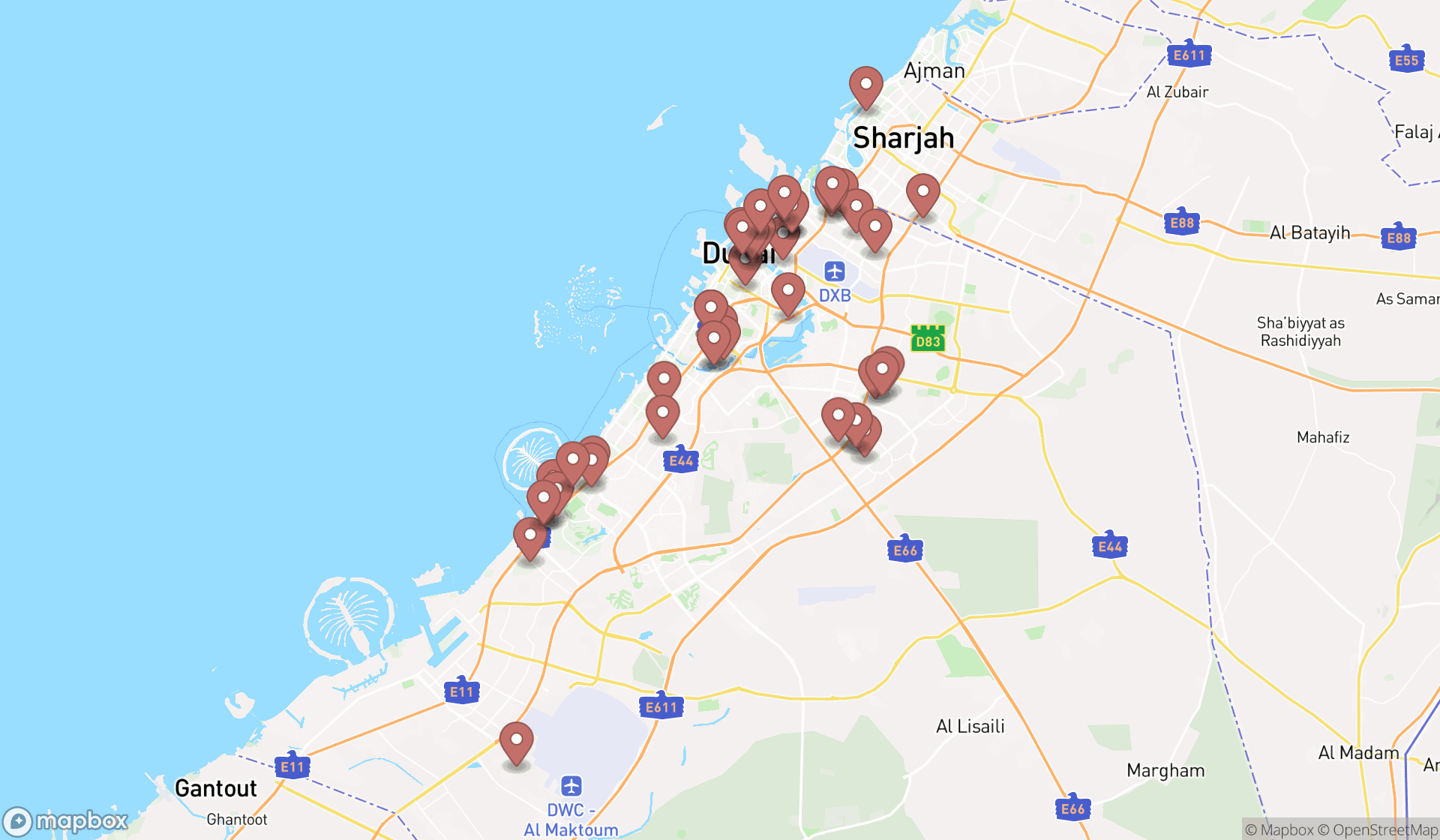 Map showing the search results in Dubai