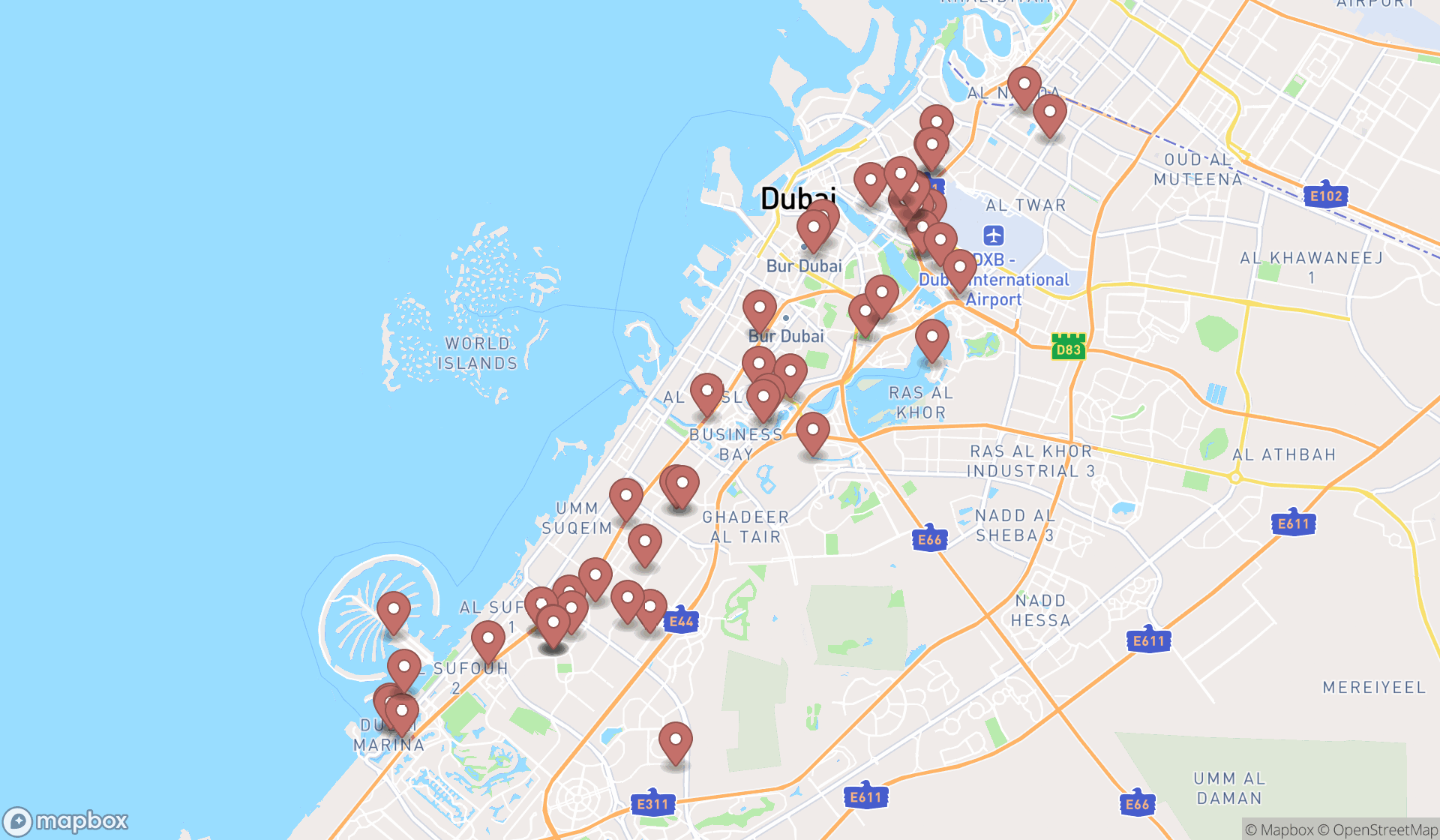 Map showing the search results in Dubai