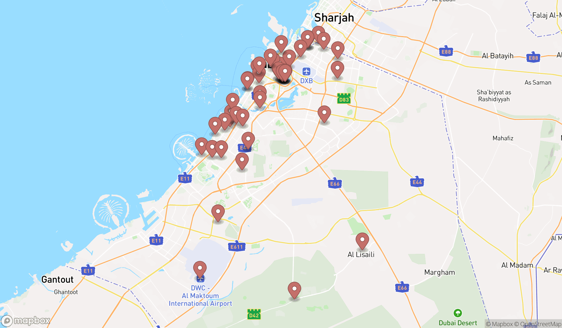 Map showing the search results in Dubai