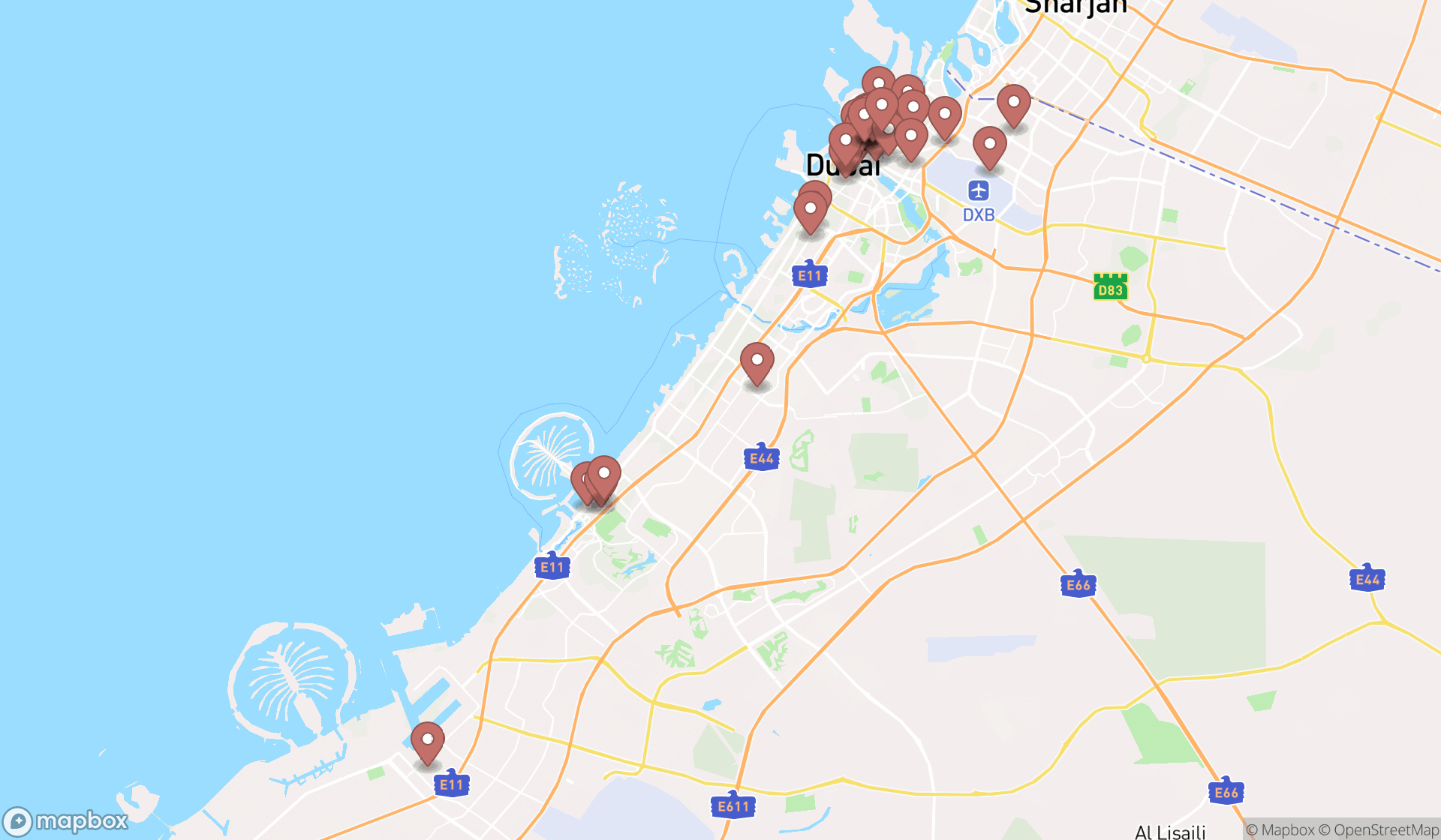 Map showing the search results in Dubai