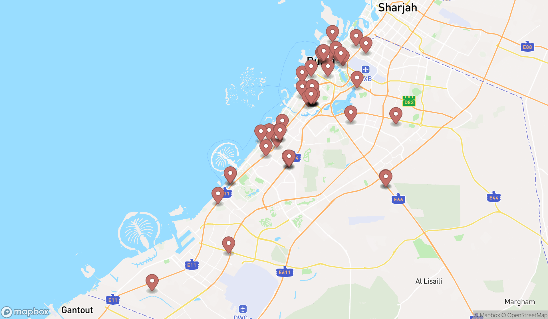 Map showing the search results in Dubai